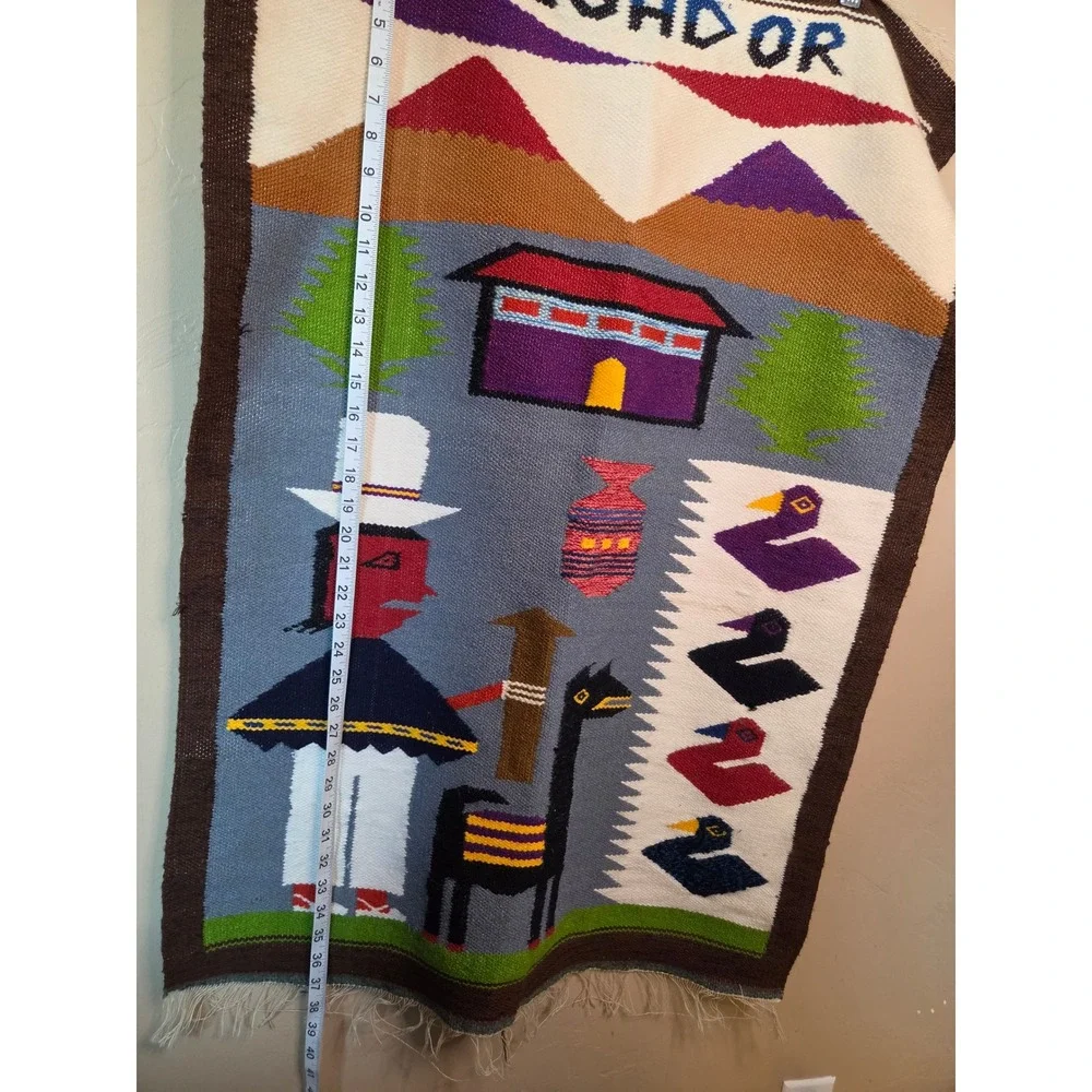 Vintage Handwoven Ecuador Wool Wall Hanging Folk Art Llama Mountain Textile